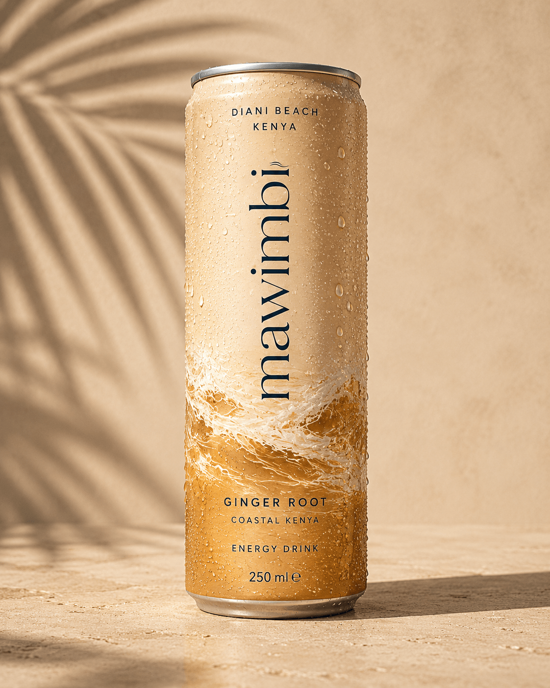 The Mawimbi Ginger Root energy drink, condensation on the can, palm shadow on warm Diani sand