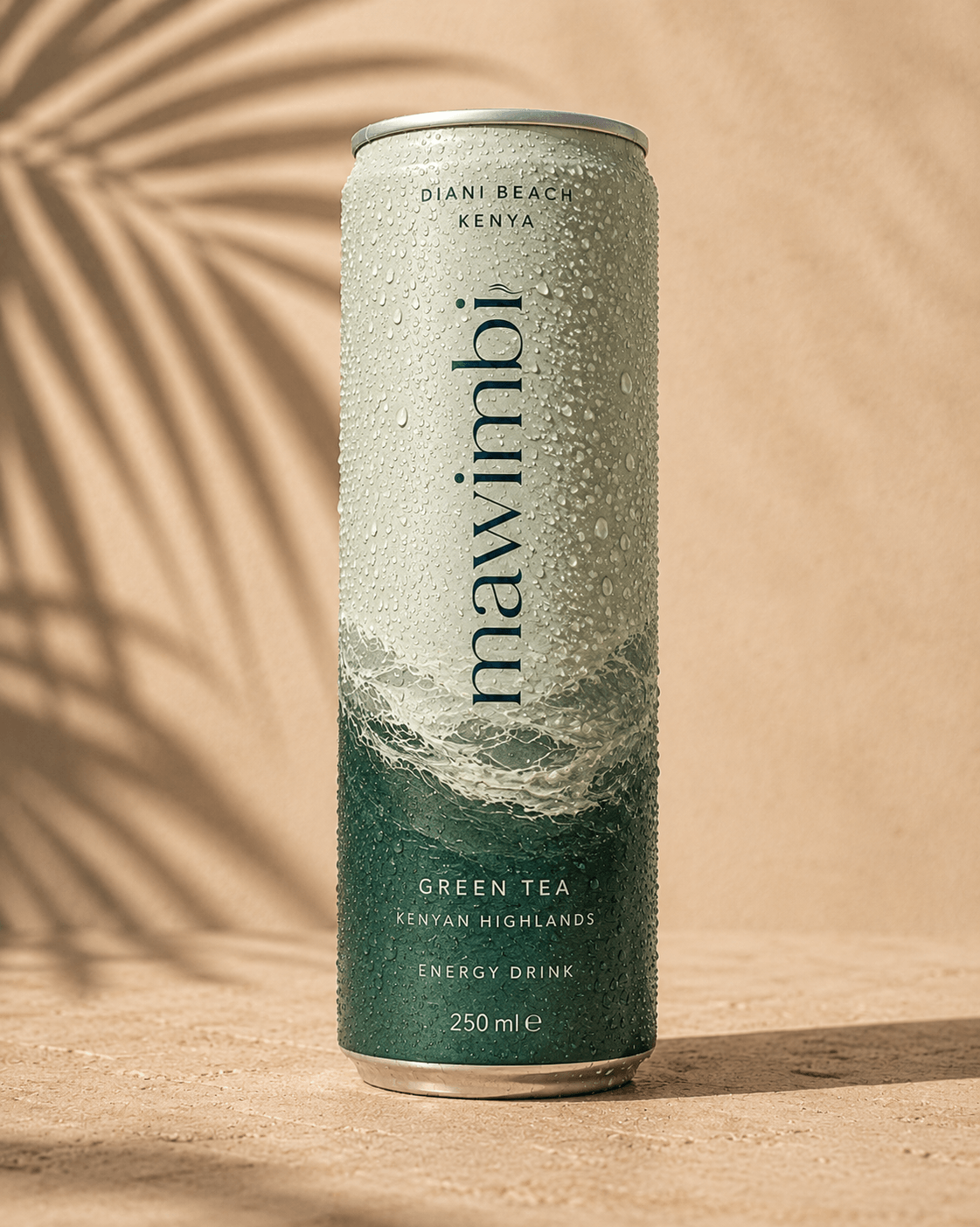 The Mawimbi Green Tea energy drink on warm coastal sand