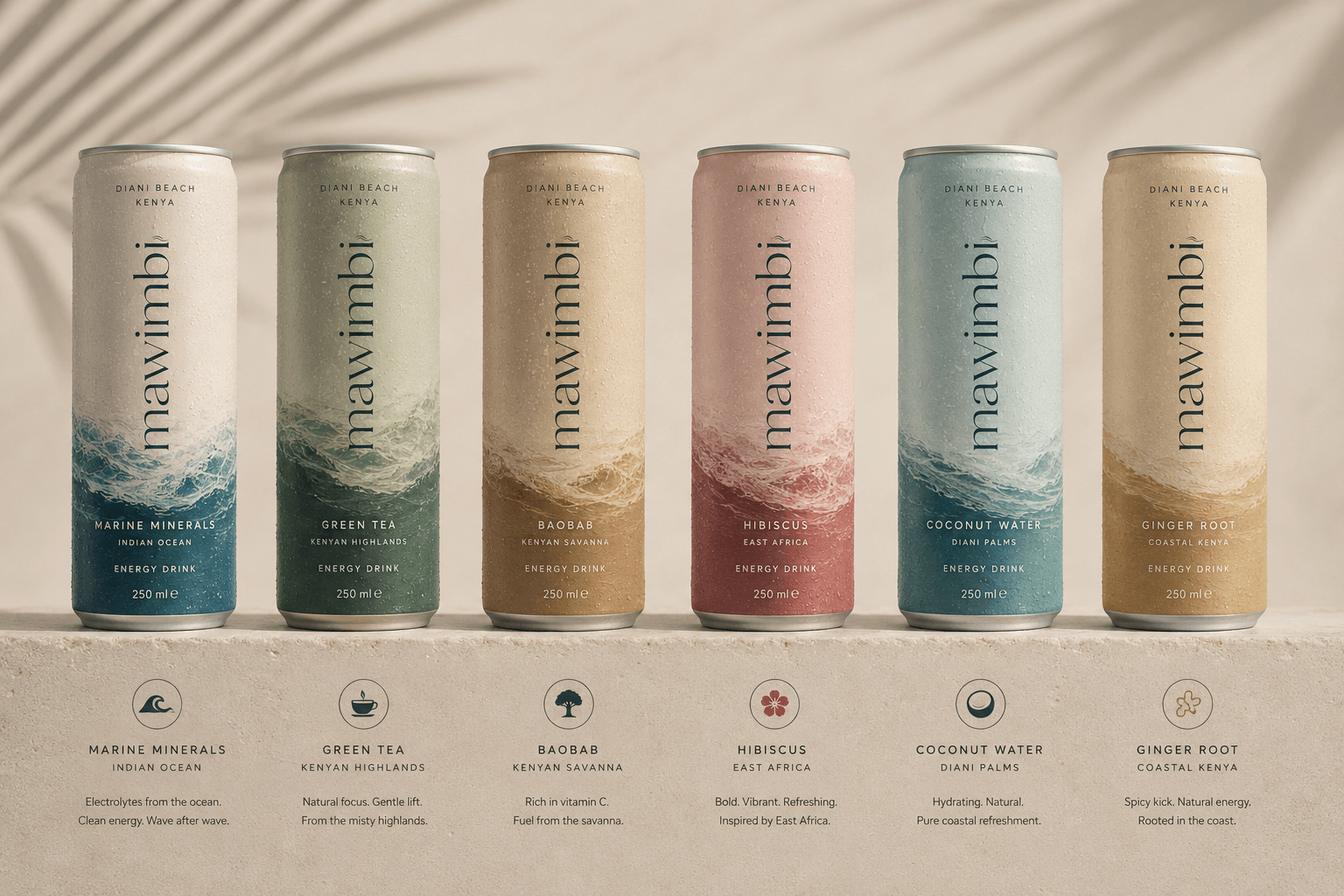 The six Mawimbi flavours: Marine Minerals, Green Tea, Baobab, Hibiscus, Coconut Water and Ginger Root